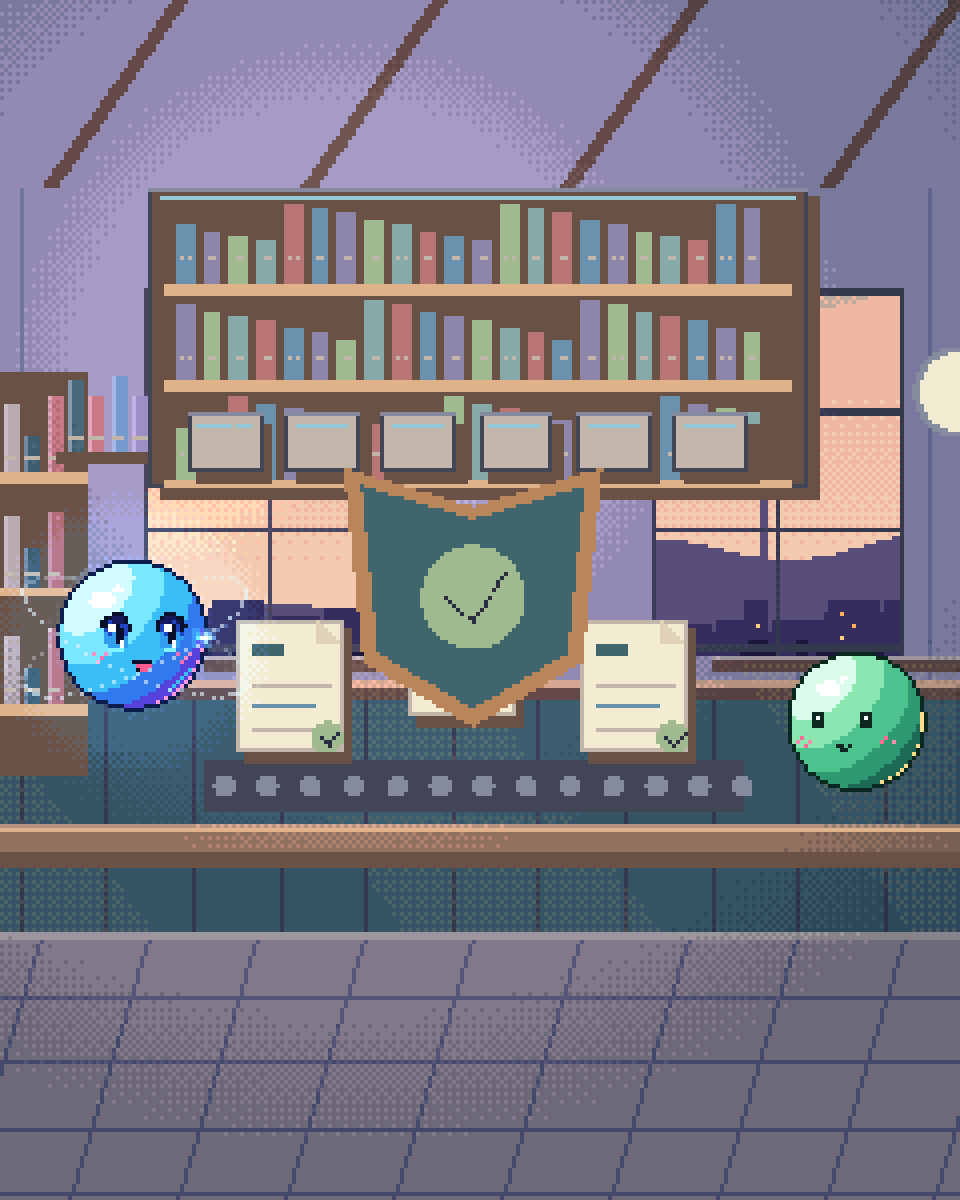 Pixel illustration for Security Architecture: a shield guarding a source-linked evidence folder.