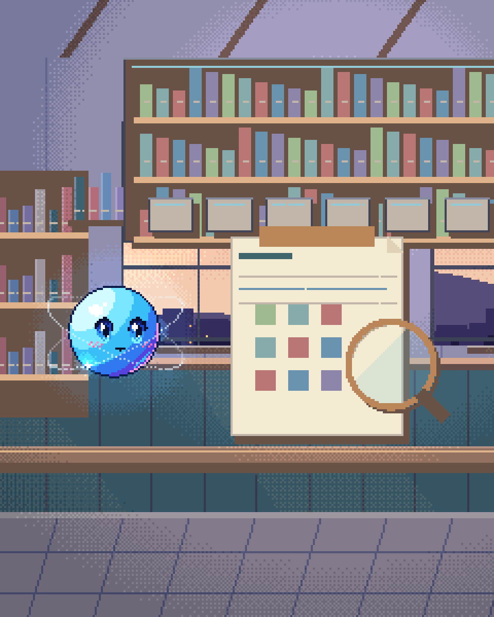 Pixel illustration for Security Questionnaire: an assessment clipboard with a lens and sample materials.