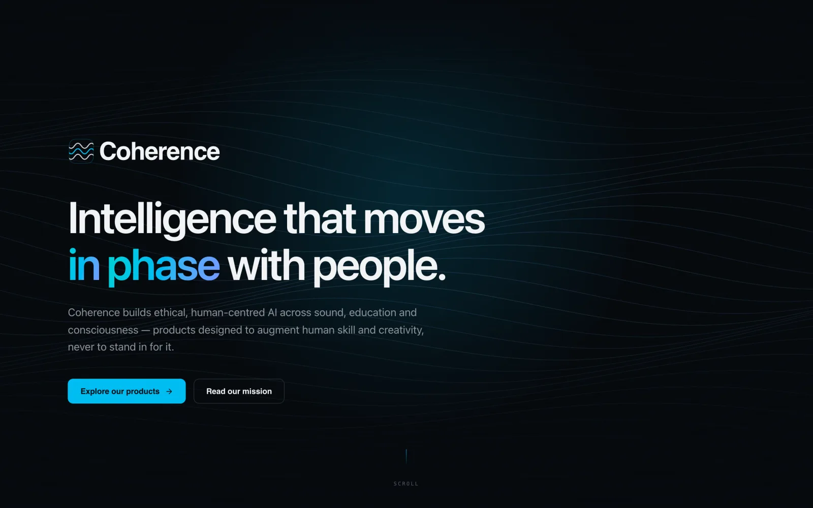 coherence.com on desktop, headed "Intelligence that moves in phase with people".