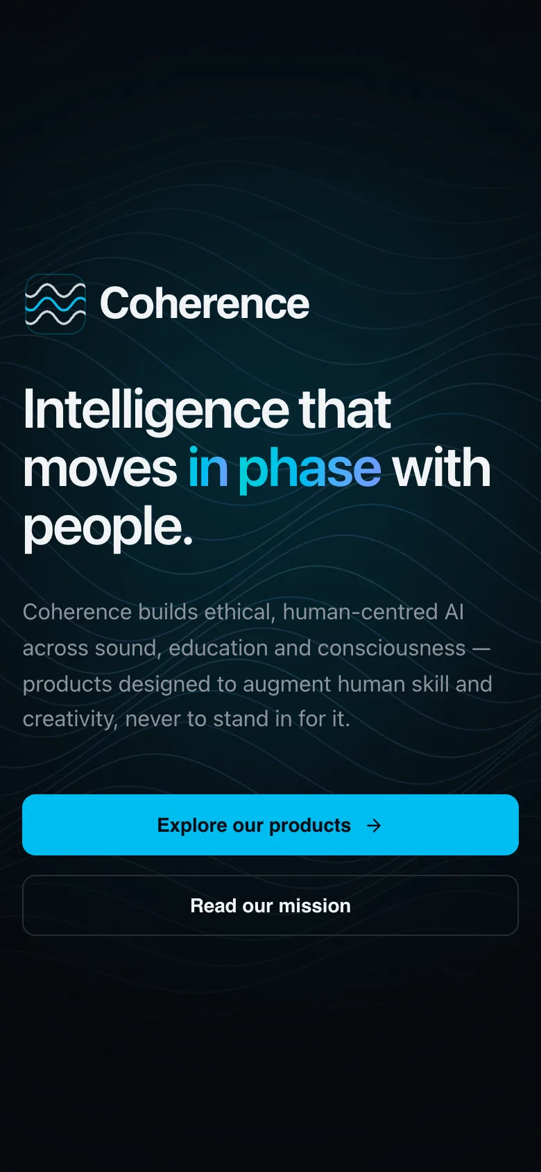 coherence.com on a mobile viewport, reflowed to a single column.