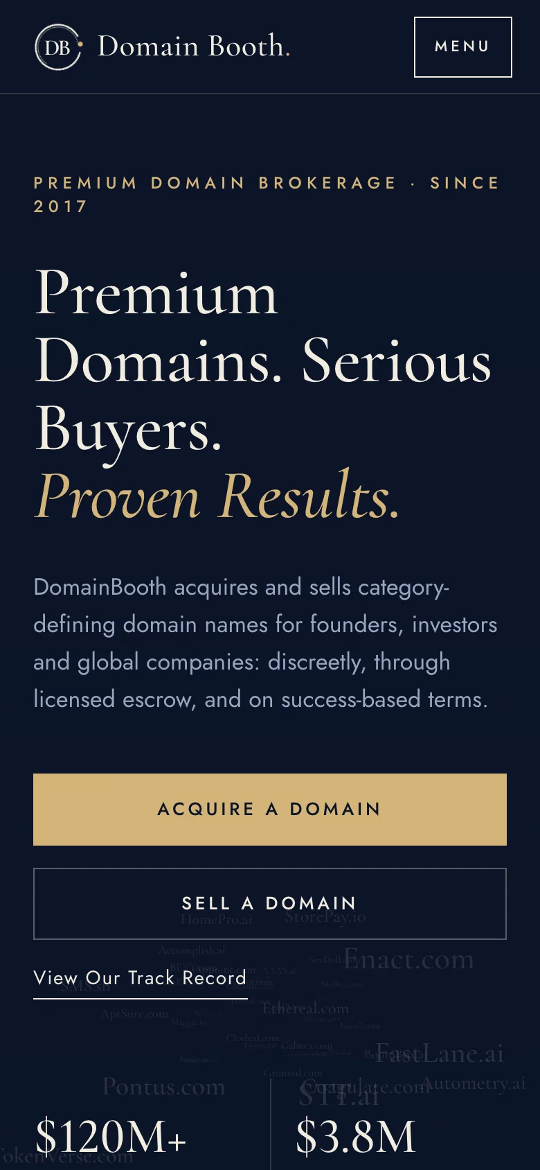The new Domain Booth homepage on a phone, reflowed to a single column.