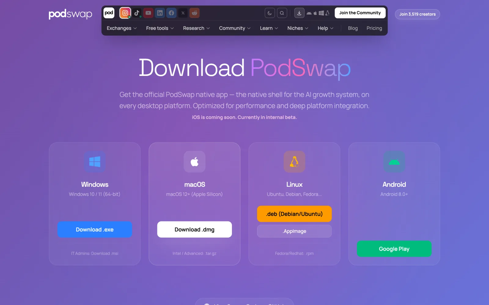 The Podswap download page offering native builds for Windows, macOS, Linux and Android.