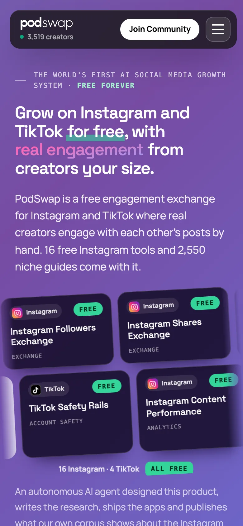 The updated Podswap homepage on a phone, with its floating navigation, Instagram and TikTok engagement headline and tilted tool cards.