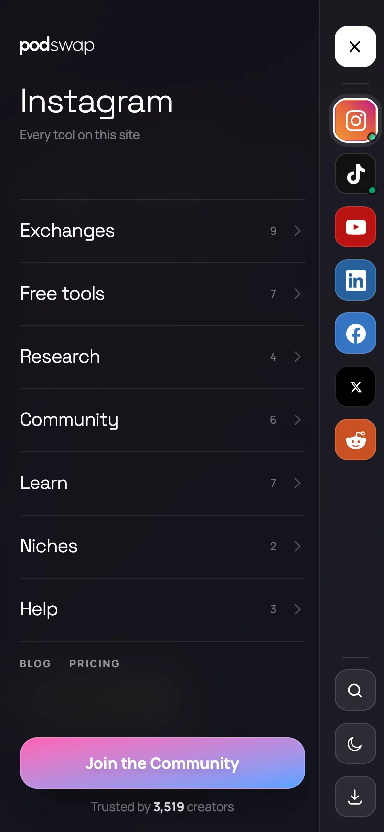 The Podswap mobile navigation open: a full-height dark panel listing Exchanges, Free tools, Research, Community, Learn and Niches with their page counts, above Blog and Pricing and a gradient Join the Community button, with a vertical platform rail down the right edge.