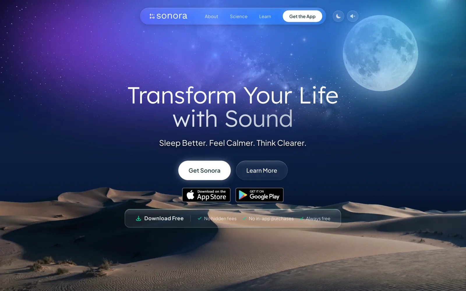 The Sonora homepage on desktop: a full-bleed dune landscape behind the headline “Transform Your Life with Sound”, with App Store and Google Play download buttons.