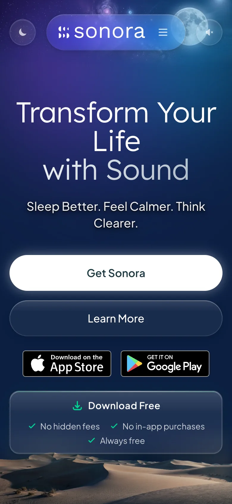 The Sonora homepage on a mobile viewport, showing the same hero reflowed to a single column.