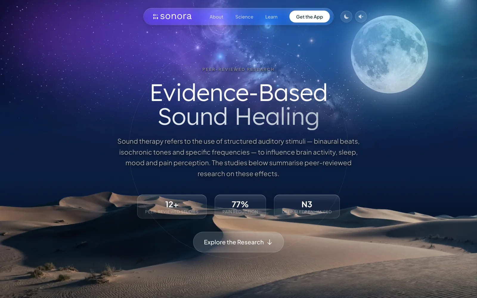 The Sonora science page on desktop, presenting the research the product draws on.