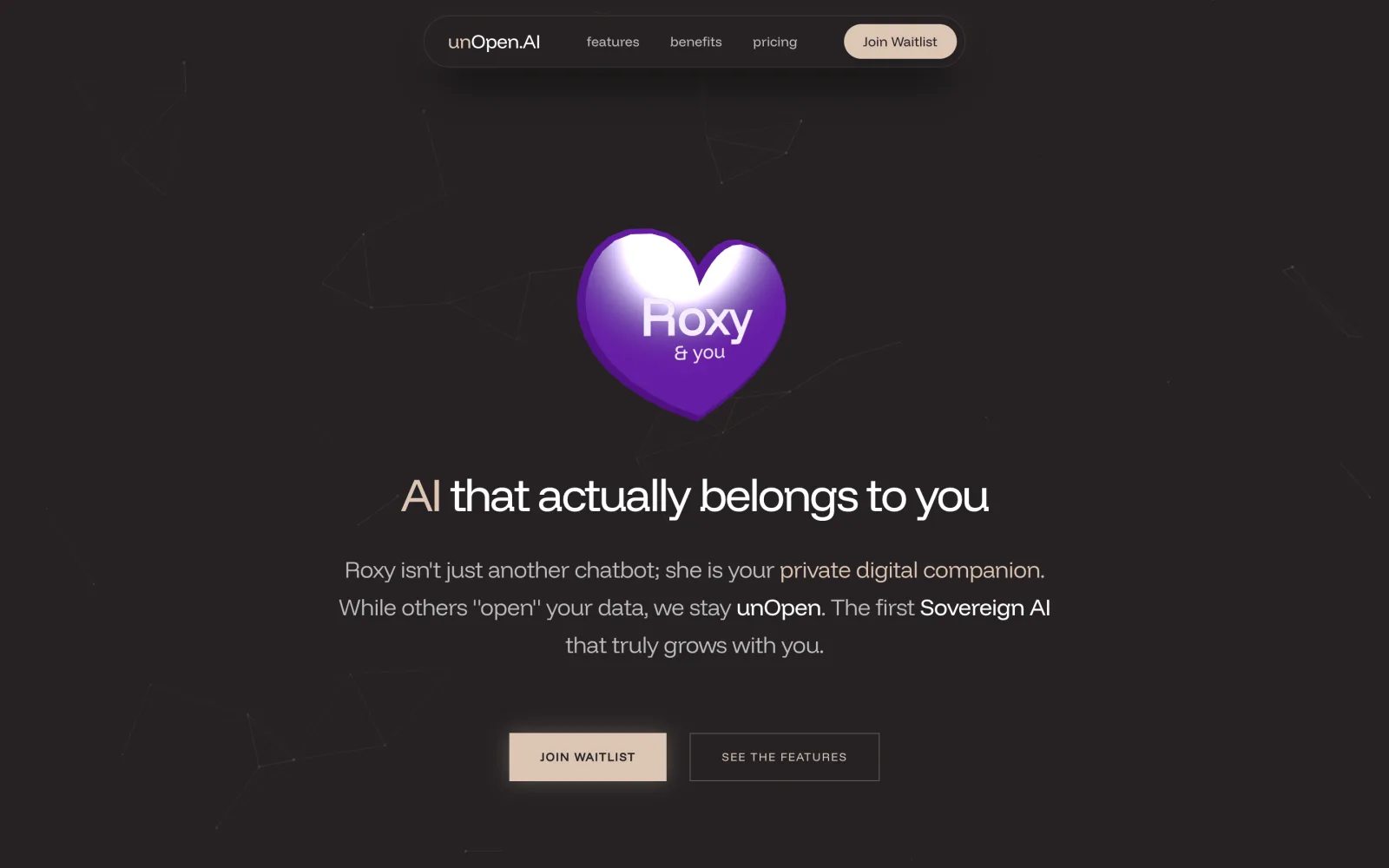 The unOpen.AI features page, covering privacy, memory, voice and personality, and Roxy’s core capabilities.