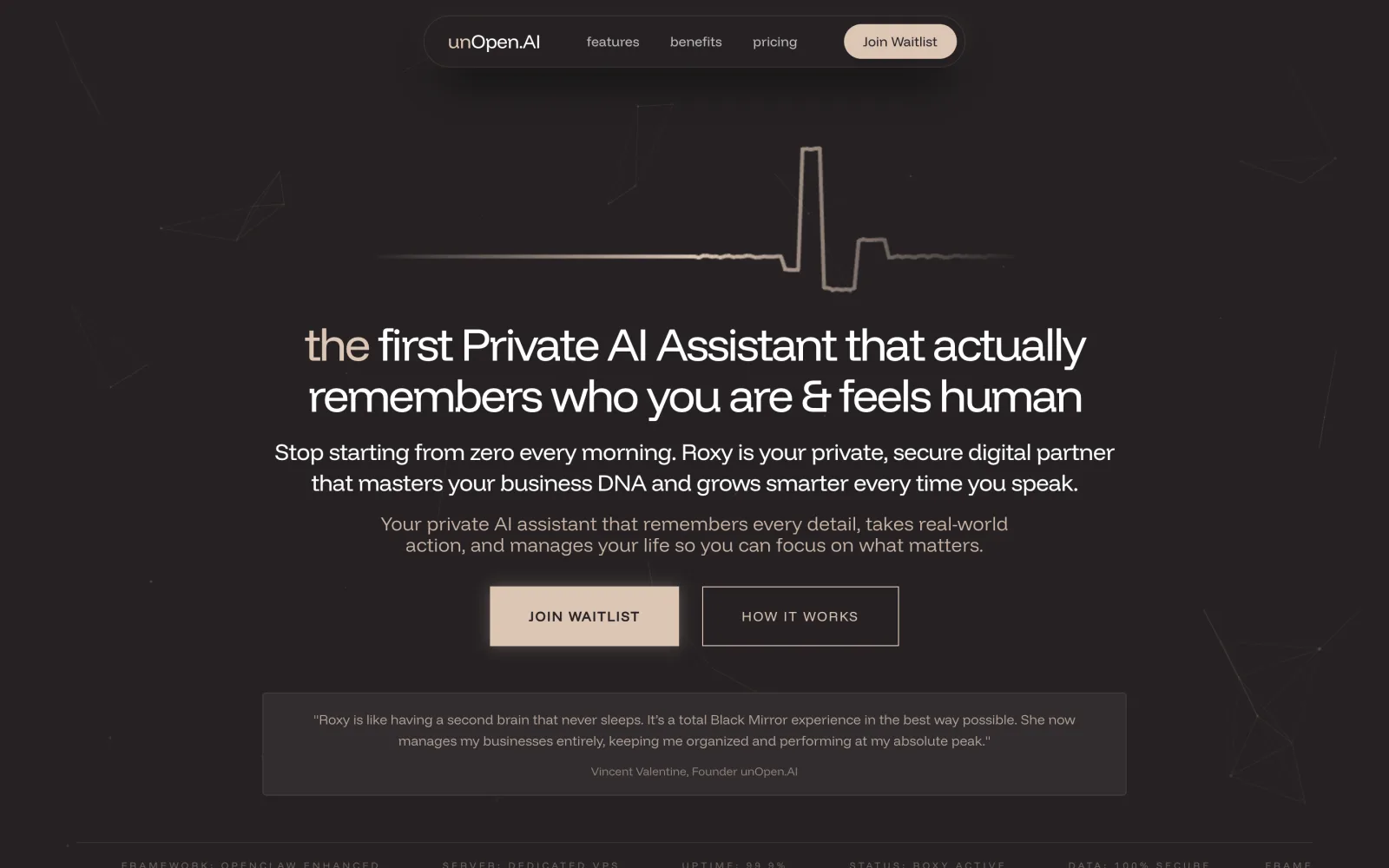 The unOpen.AI homepage introducing Roxy, a private AI assistant that remembers who you are.