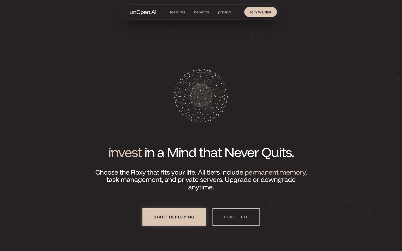 The unOpen.AI pricing page showing the Roxy, Roxy Pro and Roxy Business Pro tiers.