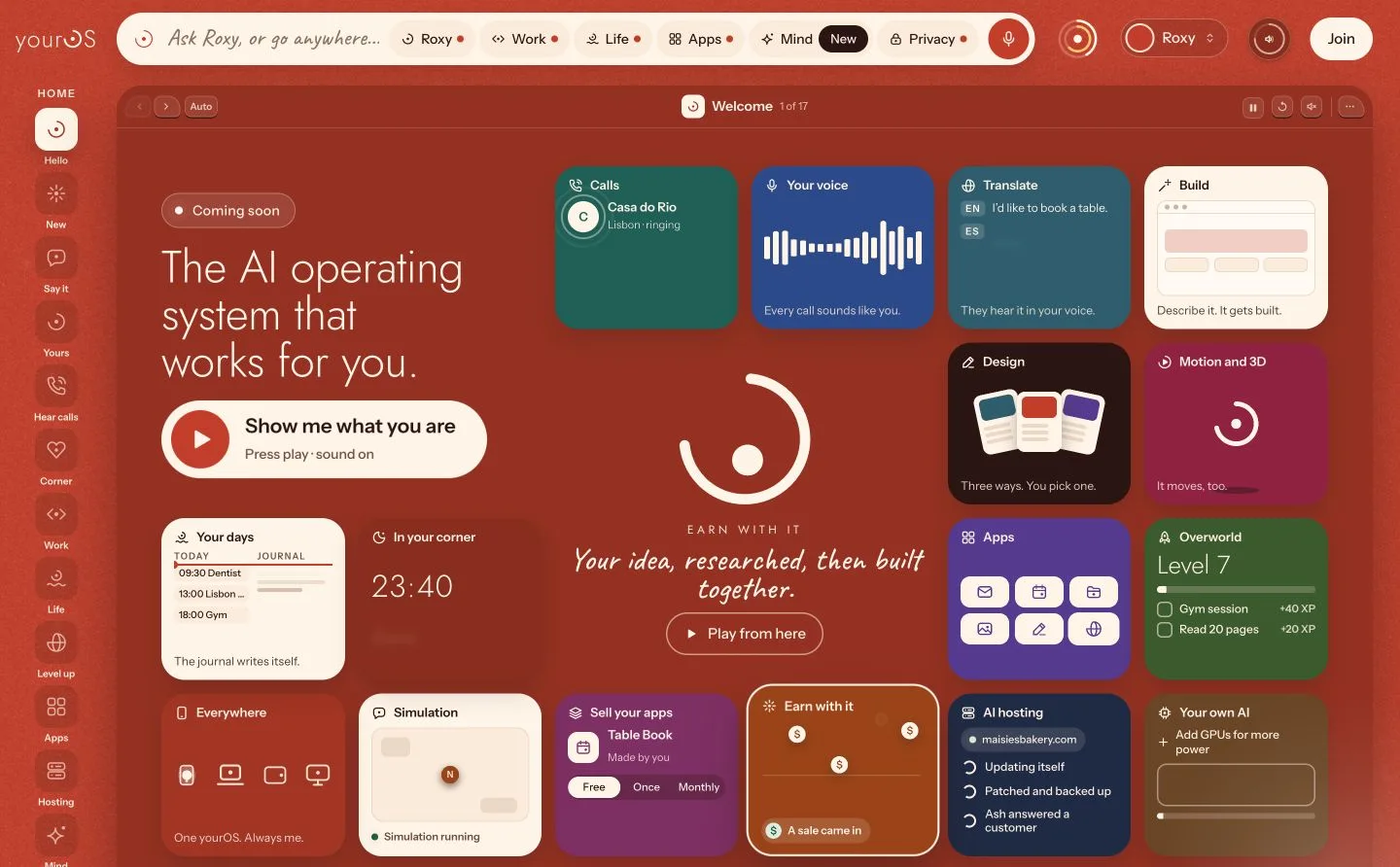 The updated yourOS homepage: Roxy’s open ring surrounded by bento cards for calls, voice, translation, building, design, apps and more.