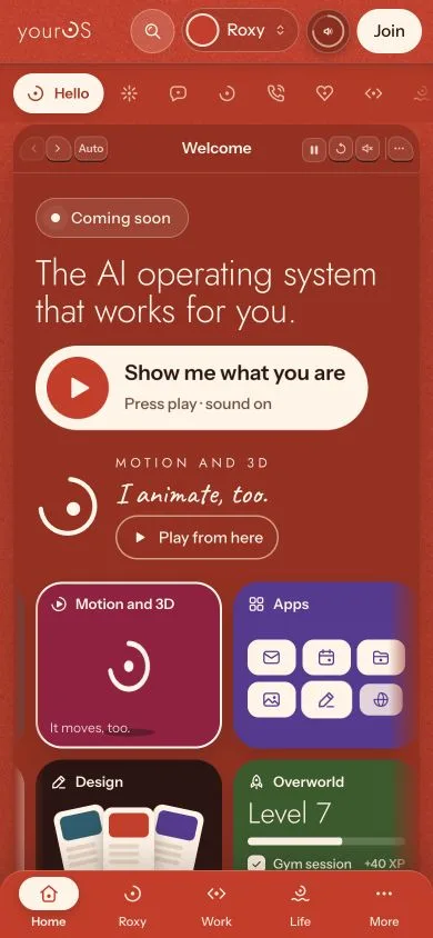 The yourOS homepage on a phone, with its compact navigation, welcome film button and bento cards.