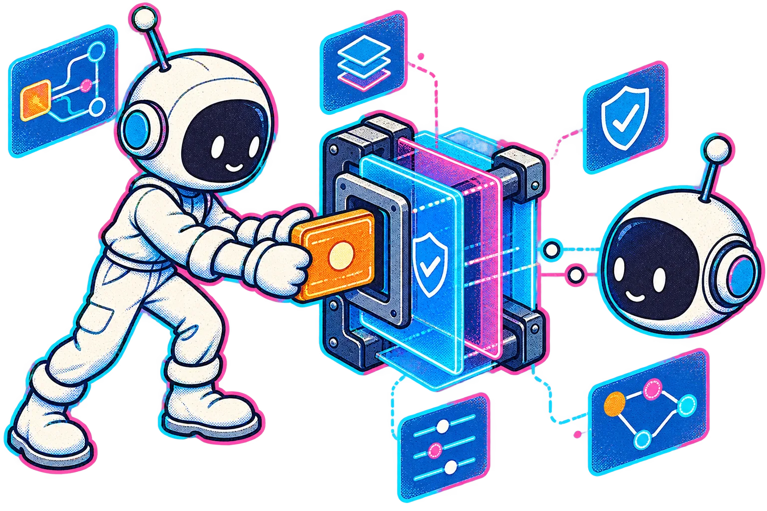 The Little Builder sends a task card through a compact permission enclosure.
