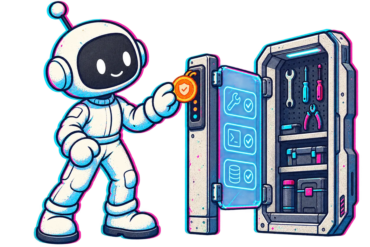 The Little Builder checks a scoped identity token at a tool gate.
