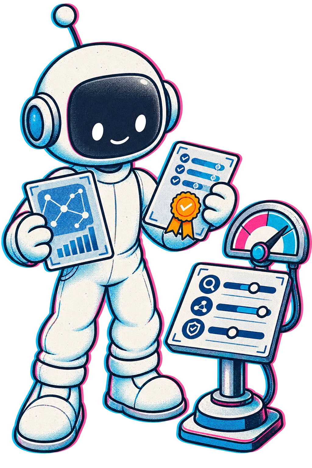 The Little Builder compares evidence cards at a measurement and verification station.