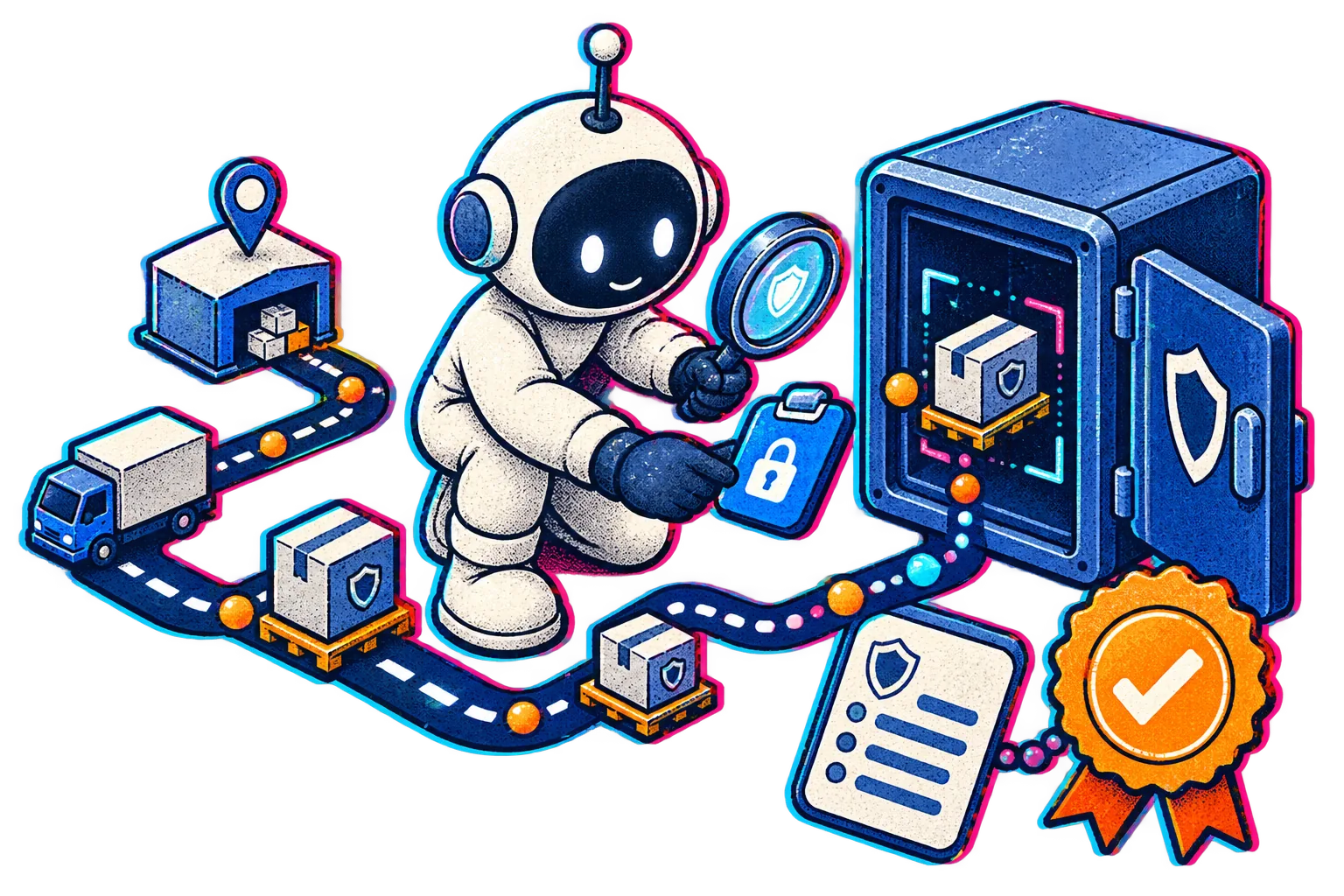 The Little Builder reviews a supplier route through a permissions and audit enclosure.