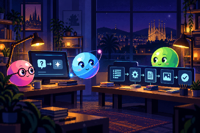 Blue pixel orb Qubi compares a single-question workstation with a connected multistep workflow.