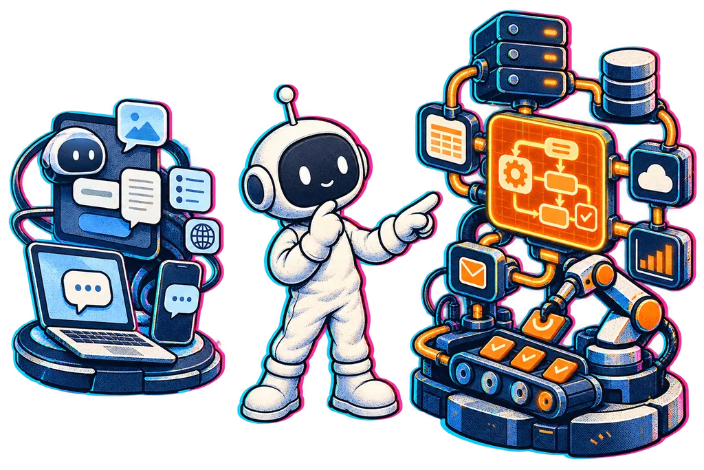 The Little Builder compares a simple assistant panel with a connected custom workflow rig.