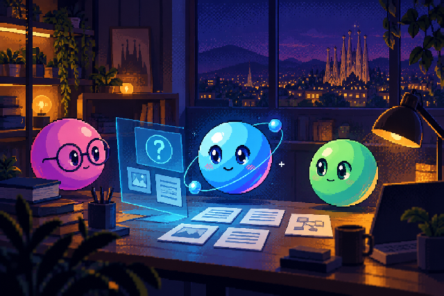 Blue pixel orb Qubi studies a bounded group of document cards at a compact desk.