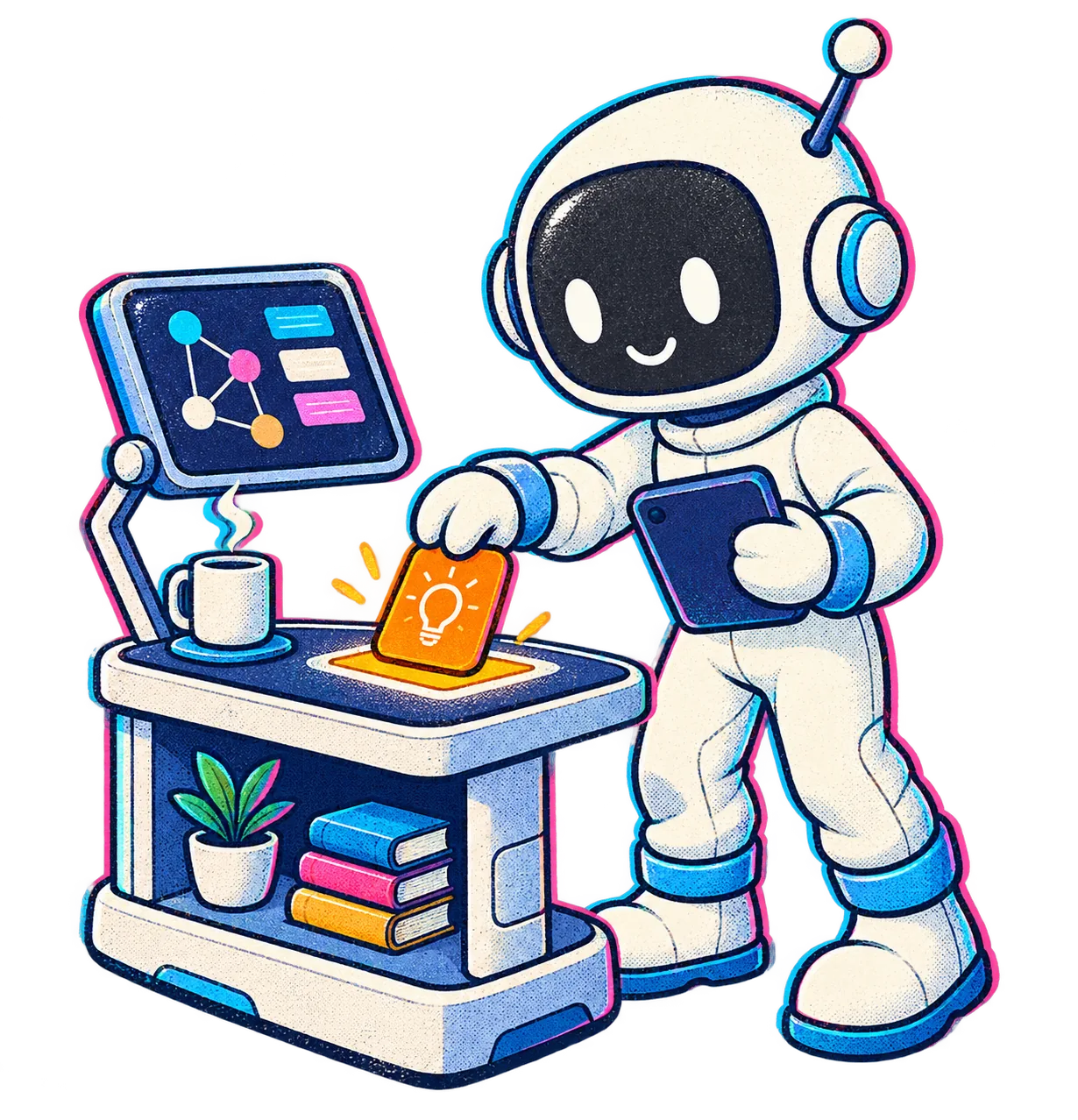 The Little Builder handles a small knowledge task at a compact assistant station.