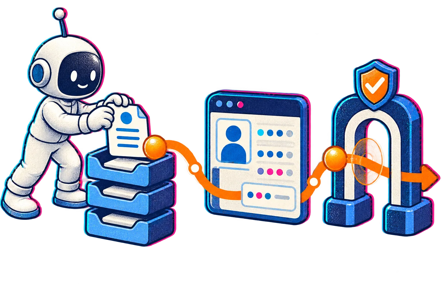 The Little Builder routes a task through connected CRM, document and approval panels.
