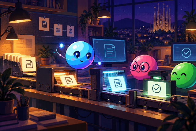 Blue pixel orb Qubi follows a task through record, document and approval stations.