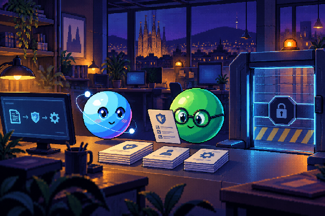 Blue pixel orb Qubi waits beside a deployment gate for a green reviewer to approve the route.