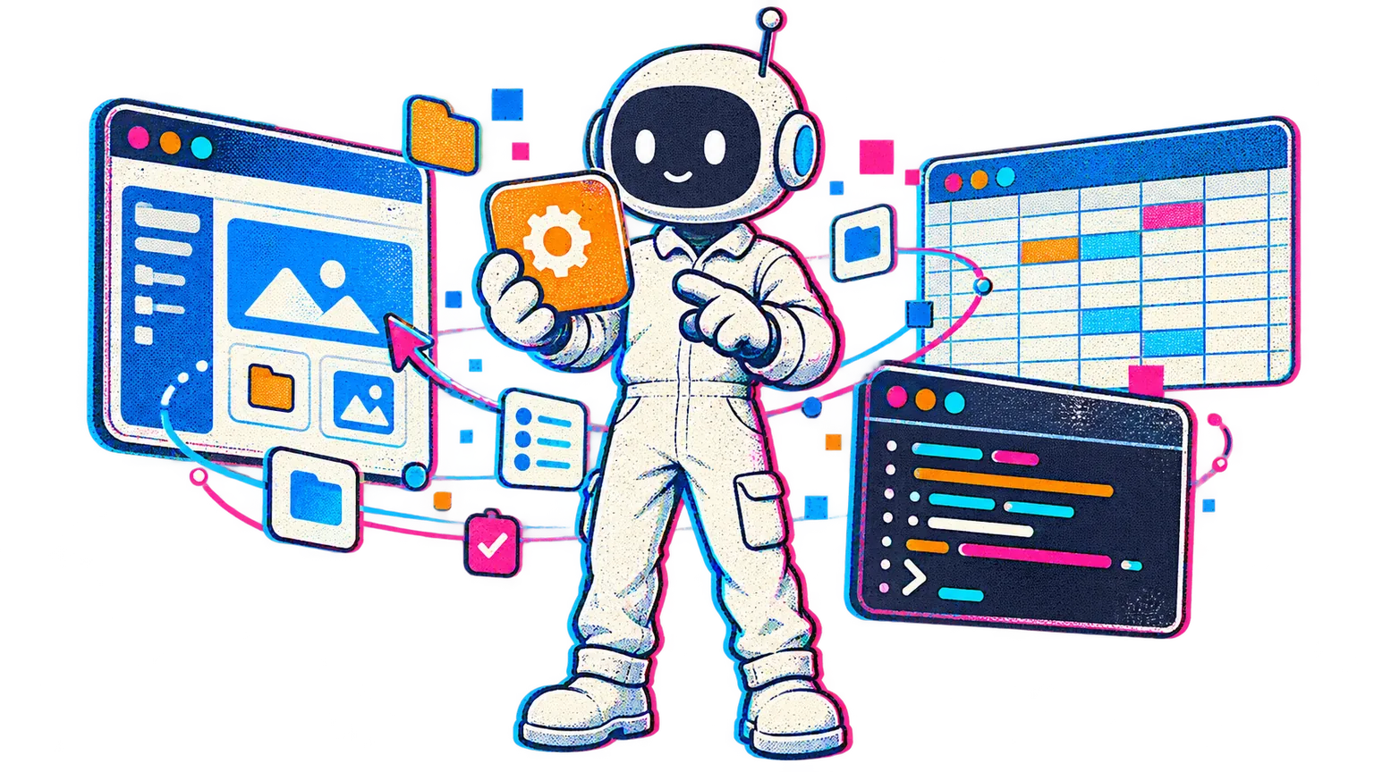 The Little Builder coordinates abstract browser, terminal and spreadsheet work panels while holding a task tile.