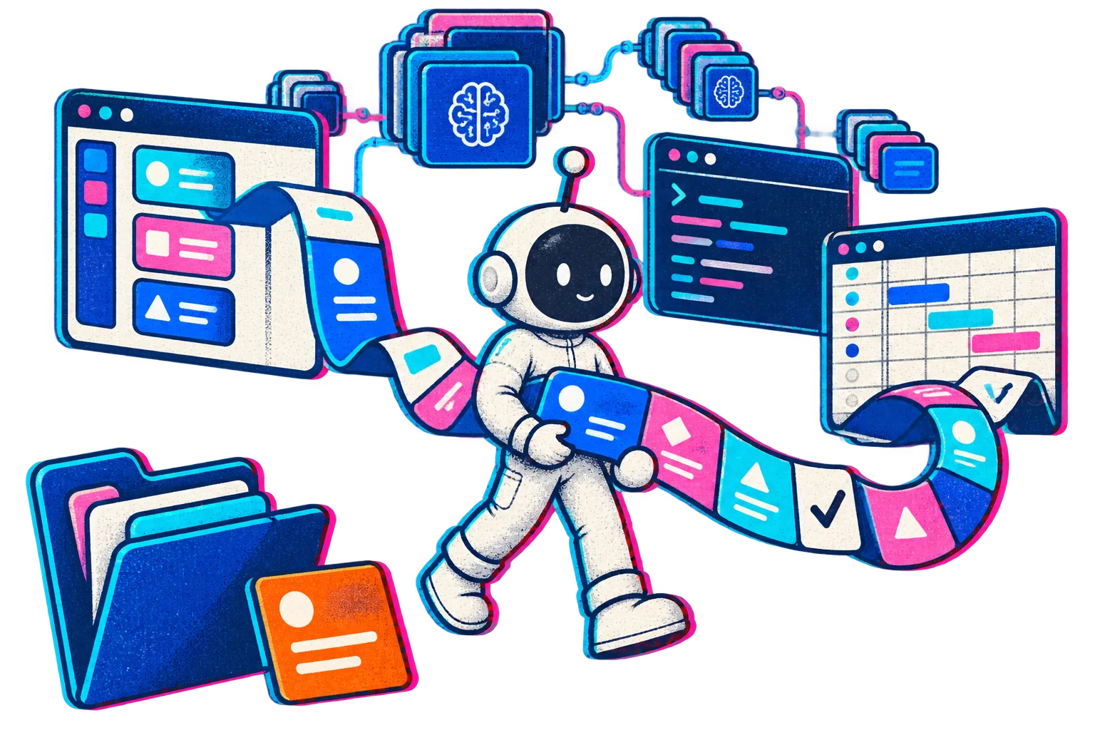 The Little Builder carries a long ribbon of task tiles between abstract browser, terminal and spreadsheet panels.