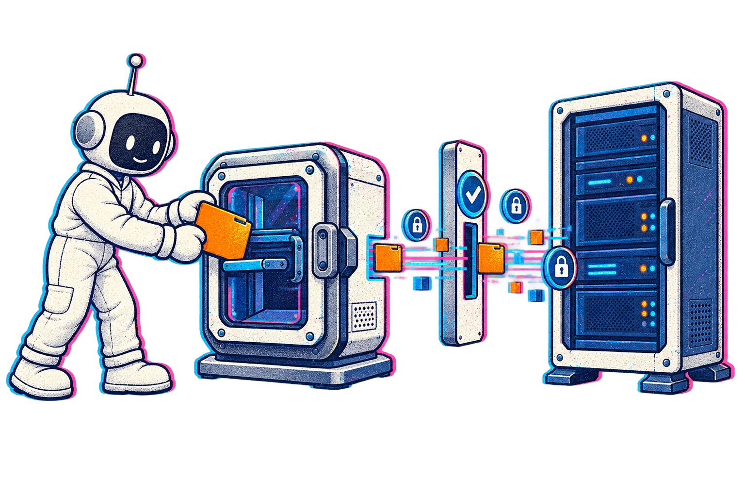 The Little Builder places a task tile through a compact execution enclosure and permission gate.