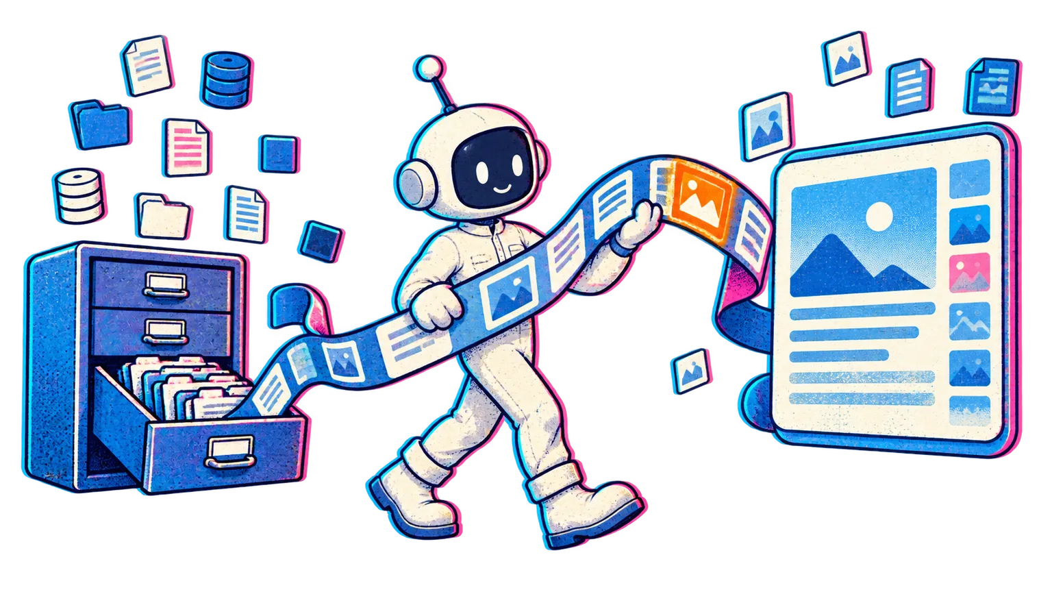 The Little Builder carries a ribbon of source cards between a retrieval drawer and a large context panel.