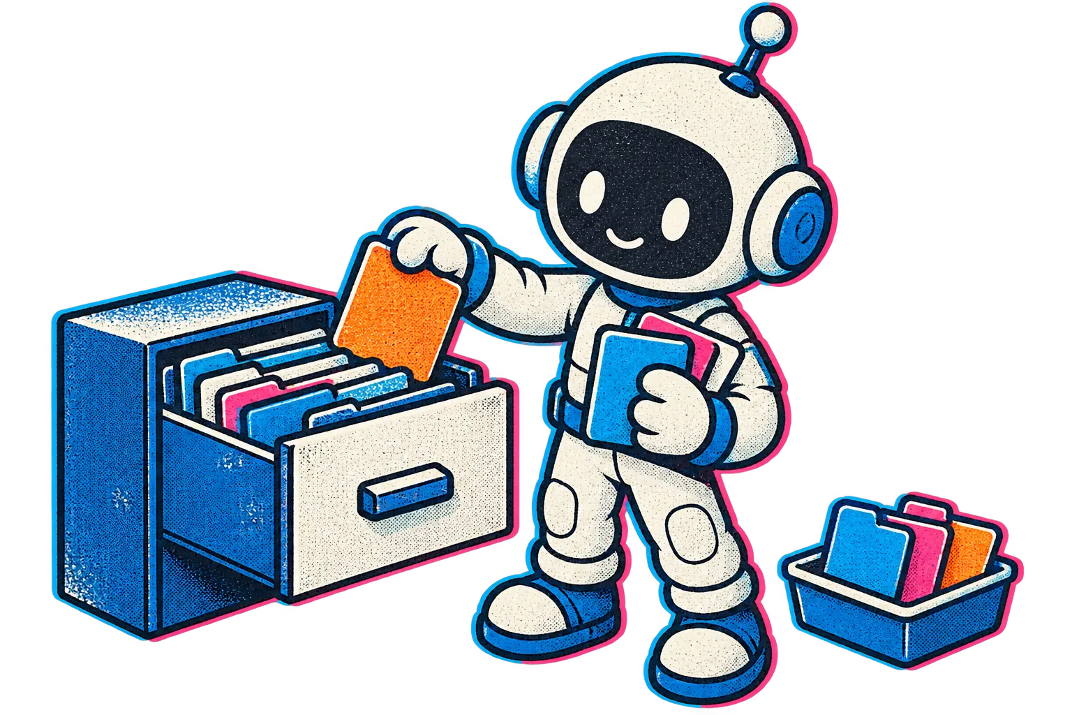 The Little Builder selects a small group of source cards from a structured knowledge drawer.