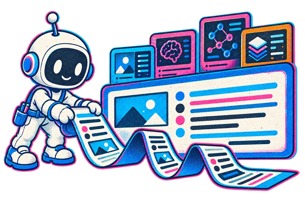 The Little Builder unrolls a long context ribbon across a wide reading panel.